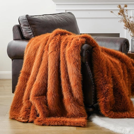 BATTILO HOME Luxury Fall Faux Fur Throw Blanket, Rust Orange Fur Blankets and Throw for Couch, Sofa, Chair, Bed, Soft Plush Warm Fuzzy Cozy Fur Throws with Long Pile, Fall Decor, 60"x80"