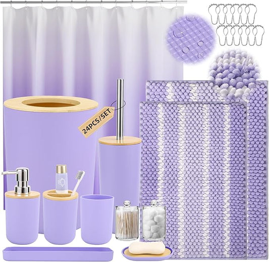SLDIYWOW Purple Bathroom Accessories Set with Ombre Shower Curtain and No-Slip Bath Rugs,24PC Bath Sets with Trash Can, Toothbrush Holder, Cup, Soap Dispenser, Tray, Soap Dish,Toilet Brush,Qtip Holder