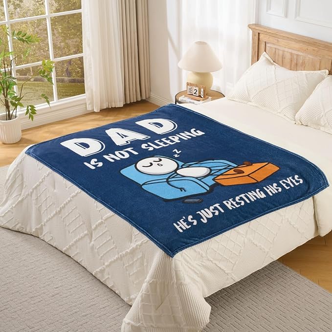 Dad is Not Sleeping Blanket – Funny Gifts for Dad or Husband from Daughter or Son, Super Soft Throw Blanket for Couch and Napping, 60" x 50" (Blue)