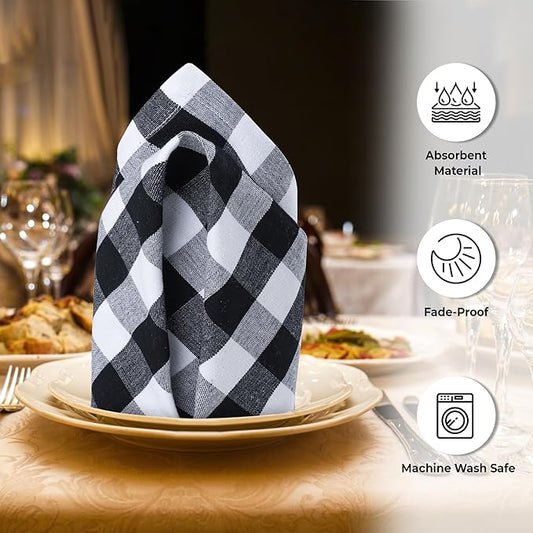 Urban Villa Cotton Dinner Napkins Set of 6, Highly Absorbent 20x20 Inches Premium Cloth Napkins Hotel Quality Reusable & Washable Table Dinner Napkins For Home & Weddings - Black/White, Buffalo Checks