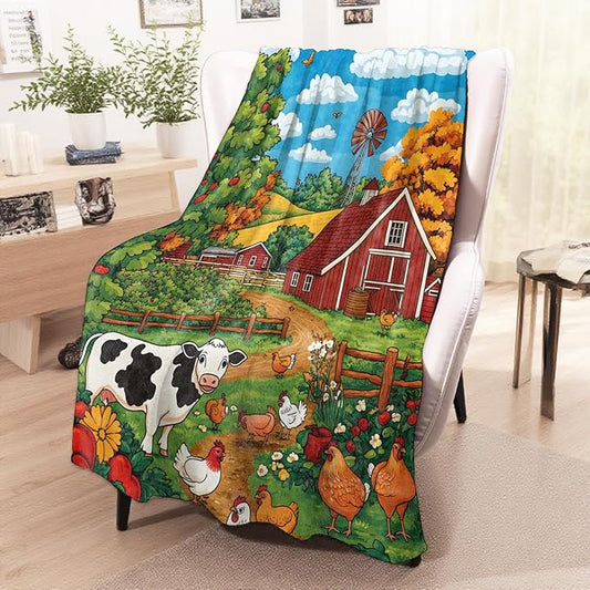 wyxdwh Cute Cow and Chickens Blanket, Cozy Flannel Red Barn and Farm Throw Blanket for Couch Outdoor, Plush Soft Lightweight Travel Blankets for Bed Decor and Gifts, for Women Adults Kids 40"x50"