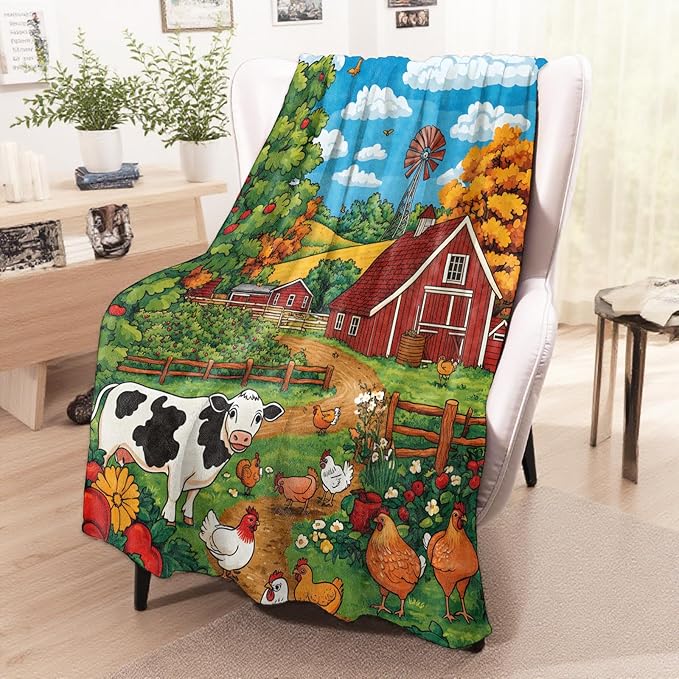 wyxdwh Cute Cow and Chickens Blanket, Cozy Flannel Red Barn and Farm Throw Blanket for Couch Outdoor, Plush Soft Lightweight Travel Blankets for Bed Decor and Gifts, for Women Adults Kids 60"x80"