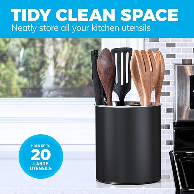 Cooler Kitchen Black Rotating Extra Large Stainless Steel Utensil Holder Caddy with Sturdy No-Tip Weighted Base, Removable Divider, and Gripped Insert - Dishwasher Safe Metal Cooking Utensil Holder
