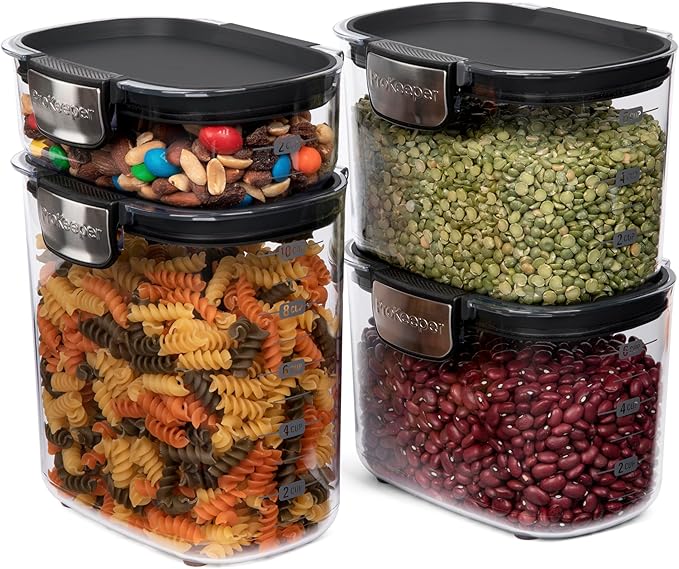 ProKeeper+ Airtight Food Storage Container Set – Clear Plastic Flour and Sugar Canister Set with Magnetic Accessories for Kitchen Organization (Black, 13-Piece)