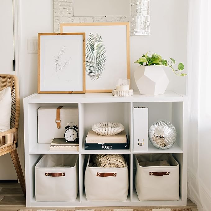 OrganiHaus Large Fabric Storage Baskets for Shelves 3 Pack, 15x11in Closet Storage Bins for Shelves, Canvas Baskets for Organizing, Linen Closet Organizers, Cloth Basket, Off-White