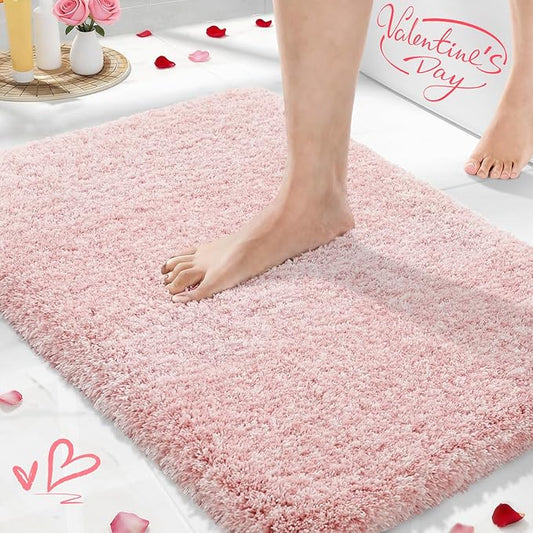 Yimobra Bath Rugs For Bathroom 32x20, Ultra Soft and Water Absorbent Bath Mats, Non Slip Plush Shower Mat Outside, Microfiber Thick Matts for Bathroom Floor/Tub, Machine Washable, Light Pink and White