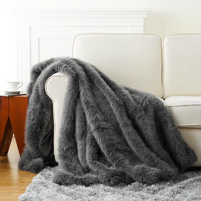 BATTILO HOME Luxury Fluffy Grey Faux Fur Throw Blanket, Cozy Warm Fur Blanket for Couch, Sofa, Chair, Bed, Plush Fuzzy Fur Throws with Long Pile, 50"x60"