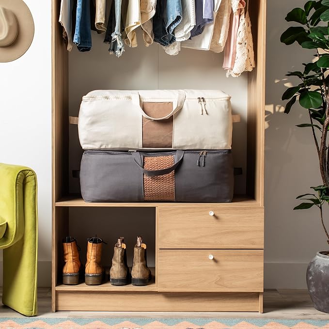 Soft Canvas Storage Bags with Zipper. Thick Breathable, 1pc King/Queen Comforter Organizer. Four Carrying Handles and Window. Large 25x19x9in Bag for Sheets Blankets Bedding Pillows, Clothes (Grey)