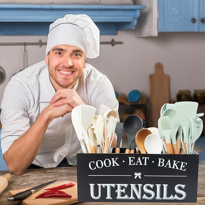 LIBODOUR Utensil Holder,Extra Large Wooden Utensil Holder For Kitchen Counter,Cooking Spatula Organizer,Big Storage Caddy With 4 Compartments Flatware Spoon Tool Cutlery（Black）