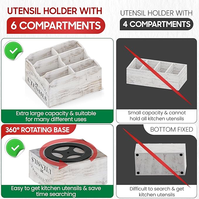 Bewbow [Upgraded] Extra Large Kitchen Utensil Holder for Countertop with 360° Rotating Base, 6 Compartments, Removable Divider, Wooden Utensil Organizer for Countertop, Farmhouse Kitchen Decor