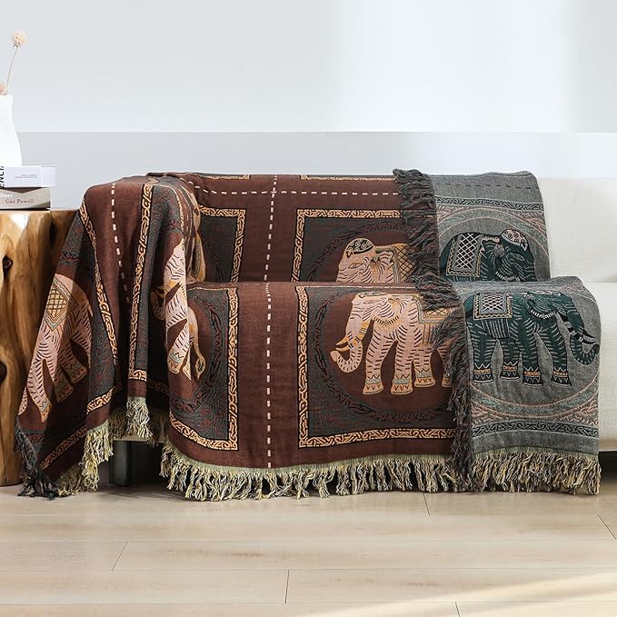 Boho Throw Blanket for Bed with Tassels,100% Cotton Ultra Soft and Cozy Large Blanket Elephant Printed Farmhouse Decor Bed Blankets,60"×80" All Season Rustic Throw for Sofa Couch Chair-Brown