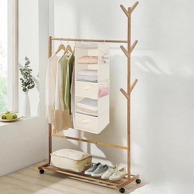 MAX Houser 5 Tier Shelf Hanging Closet Organizer, Cloth Hanging Shelf with 2 Sturdy Hooks for Storage, Foldable (Beige-D2)