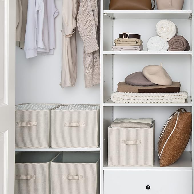 StorageWorks Storage Baskets for Shelves, Foldable Fabric Closet Storage Bins with Handles, Fabric Storage Bins Clothes Organizer, Beige Stripes, 3-Pack, Extra Large