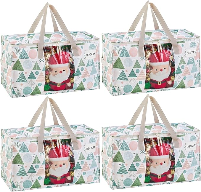 VENO 4 Pack Moving Bags, Large Christmas Storage Bins with lids, Packing Supplies for College, Alternative to Moving Boxes, Foldable, Heavy-Duty Tote, Christmas Pattern (Pastel Forest, 4 Pack)