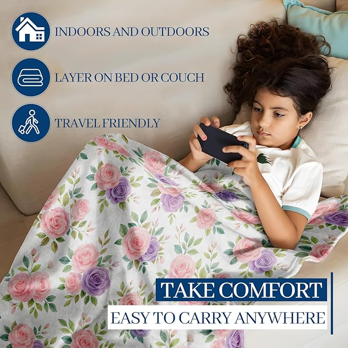 Rose Floral Blanket, 50"x40" Flannel Cozy Lightweight Elegant Pink and Purple Roses Flowers Throw Blankets Gifts for Couch Bed Living Room Decor, Soft Blanket for Women Kids