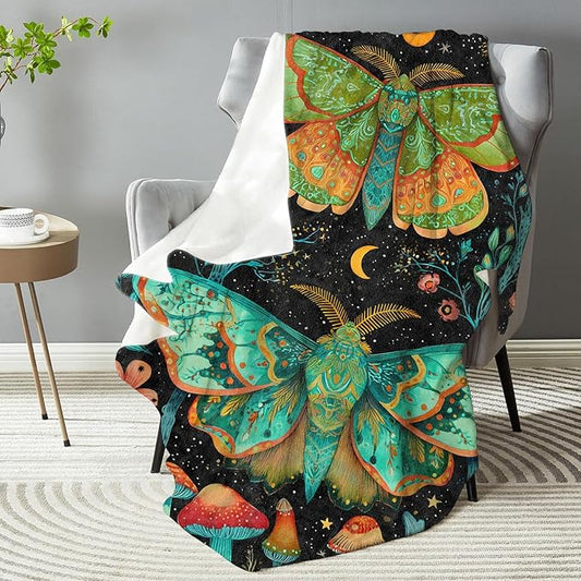 Fantasy Moth & Mushroom Blanket - Plush, Soft, Comfy, Lightweight, Warm, Fuzzy, Cozy Flannel Throw Blanket for Couch, Travel, Bed, Office, Outdoor - 50in×60in