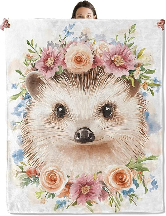 wyxdwh Cute Hedgehog Blanket, Cozy Flannel Pastel Flower Crown Throw Blanket for Couch Outdoor, Soft Lightweight Travel Blankets for Bed Cabin Office Decor and Gifts for Women Girls Kids 50"x60"