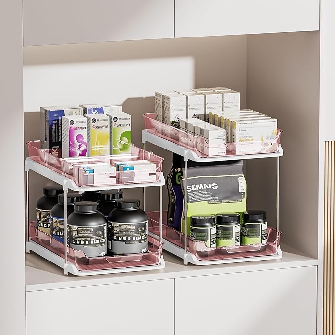 Delamu 2-Tier Multi-Purpose Bathroom Under Sink Organizers and Storage, Stackable Kitchen Pantry Organization, Pull Out Medicine Cabinet Organizer with Movable Dividers, Light Pink, 2 Pack