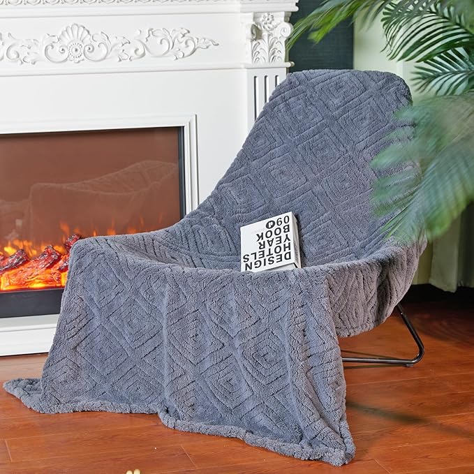 BYKOSY Geometric 50x70 Inch Flannel Jacquard Throw Blanket- Soft & Cozy Luxurious Blankets for Couch, Bed, Sofa, Travel，Home and Dorm Decor，Housewarming Gift for Women & Men,Dark Grey