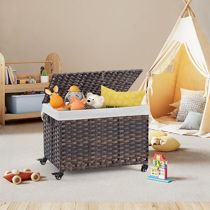 Rolling Storage Basket with Lid, 47.6 Gallon (180L) Storage Bin with Wheels, Woven Rattan Blanket Storage Basket with Handles, Foldable, Metal Frame, Removable Liner for Bedroom, Laundry Room, Brown