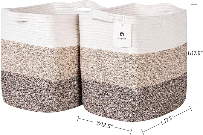Laughbird Storage Baskets for Clothes Fabric Cotton Rope Storage Basket with Handles, Decorative Woven Basket for Living Room,Closet Organizer Blankets, and 2bags (Gradient Brown, L17.8×W12.5×H17.9)