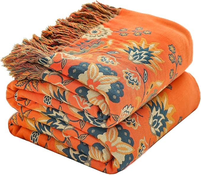 Throw Blanket for Couch Bed Chair,100% Cotton Soft Lightweight Blanket Rustic Quilt -Orange Floral Printed Farmhouse Decor Bed All Season Blankets,90"×98"