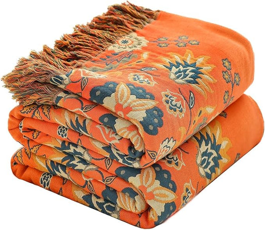 Throw Blanket for Couch Bed Chair,100% Cotton Soft Lightweight Blanket Rustic Quilt -Orange Floral Printed Farmhouse Decor Bed All Season Blankets,90"×98"