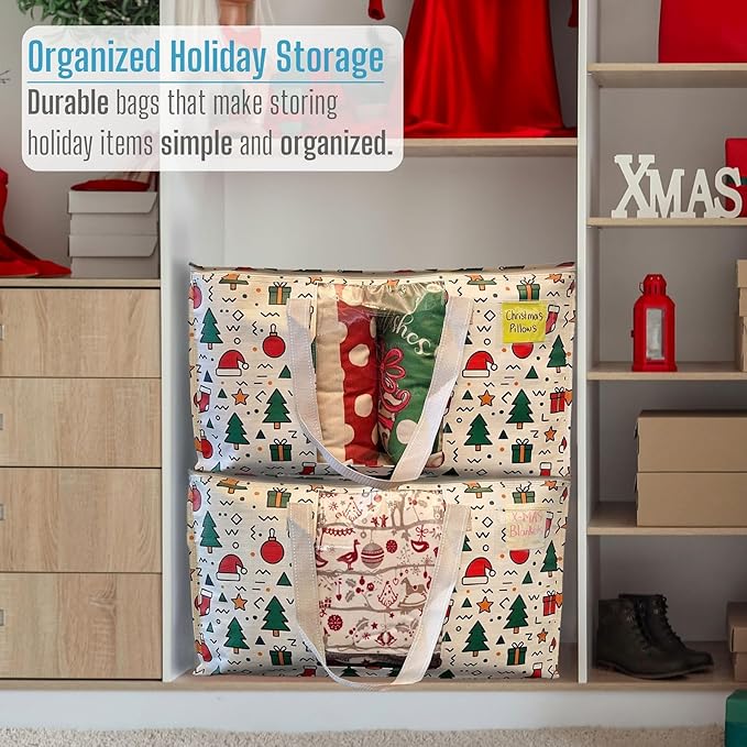 VENO 4 Pack Moving Bags, Large Christmas Storage Bins with lids, Packing Supplies for College, Alternative to Moving Boxes, Foldable, Heavy-Duty Tote, Christmas Pattern (Jingle Mix, 4 Pack)