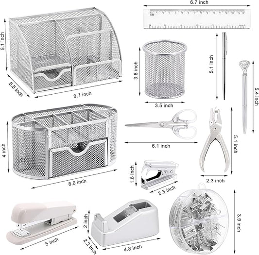 17 in1 Silvery Desk Organizers and Accessories Set, 3 Office Desk Supplies Storage Organization, 4 Pens, Stapler, Staples & Remover, Tape & Dispenser, Scissors, Ruler, Clips, Hole Punch Back to School