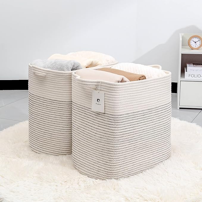 Laughbird Storage Baskets for Clothes Fabric Cotton Rope Storage Basket with Handles, Decorative Woven Basket for Living Room,Closet Organizer Blankets, and 2bags (White/Black Line, L16×W11.4×H15.9)