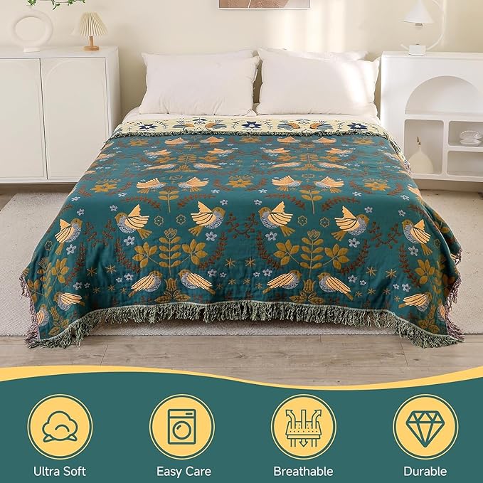 Boho Throw Blanket for Couch 100% Cotton Organic Ultra Soft Breathable Rustic Quilt 50" x 60" Birds and Floral Throw for Sofa Chair Bed Couch Chair