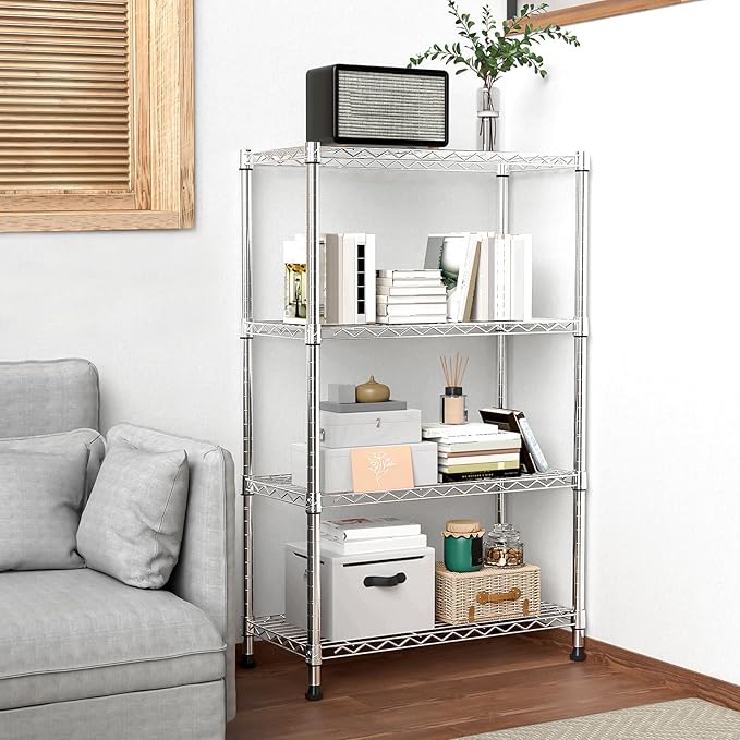M MZG 1000 lbs Storage Shelving Steel Heavy Duty 4-Tier Utility Shelving Unit Steel Organizer Wire Rack for Home,Kitchen,Office,Chrome (13.7" D x 29.5" W x 47.2" H)