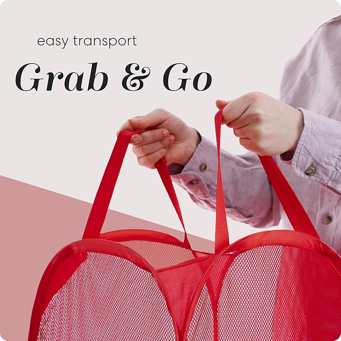 Handy Laundry Collapsible Mesh Pop Up Hamper with Wide Opening and Side Pocket - Breathable, Sturdy, Foldable, and Space-Saving Design for Clothes and Storage (Red | 2-Pack)