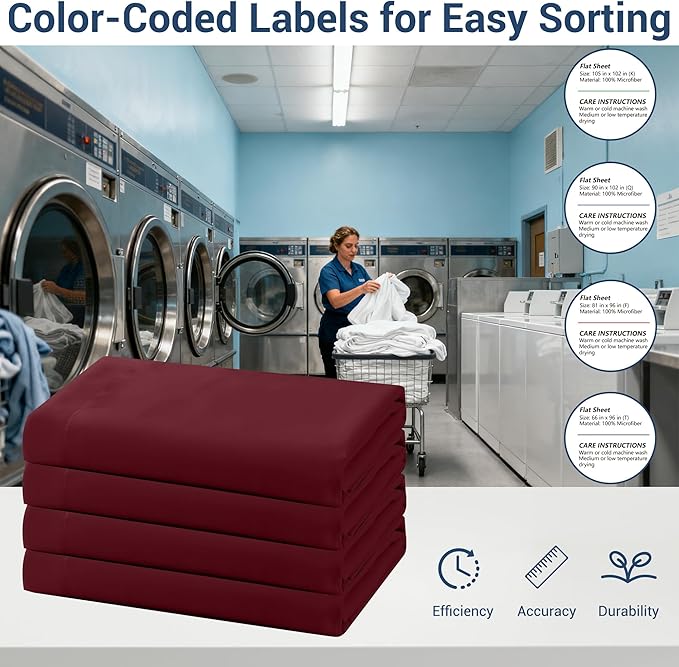 Bulk Queen Flat Sheets Only, 6 Pack Quick Sort Top Bed Sheet, Color-Coded Label Threads, Wrinkle-Free Shrinkage Durable Microfiber Hotel Motel Airb&bs Essentials for Hosts (90"x102",Burgundy)