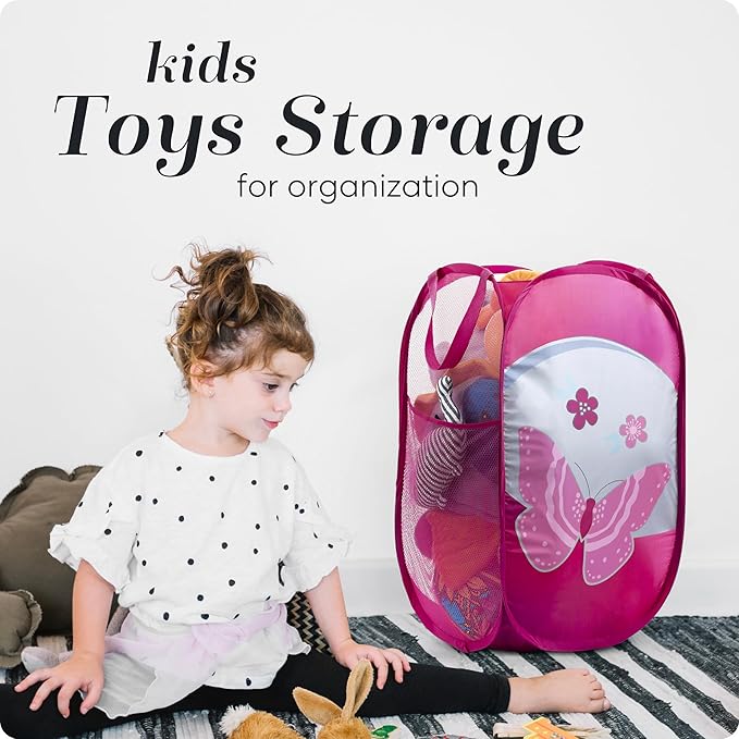 Handy Laundry Collapsible Mesh Pop Up Hamper with Wide Opening and Side Pocket - Breathable, Sturdy, Foldable, and Space-Saving Design for Clothes and Storage (Butterfly)