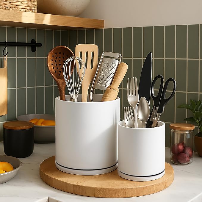 D'vine Dev 360° Rotating Utensil Holder Set – 7.2"+5" Kitchen Utensil Crocks for Countertop, Modern Cooking Tool Organizers for Kitchen Storage +Décor, White, Set of 2, 72-Z-A-1