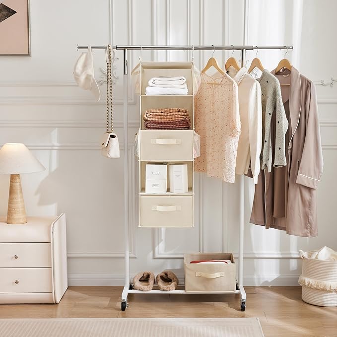 MAX Houser 5 Tier Shelf Hanging Closet Organizer, Cloth Hanging Shelf with 2 Sturdy Hooks for Storage, Foldable (Beige-D2)