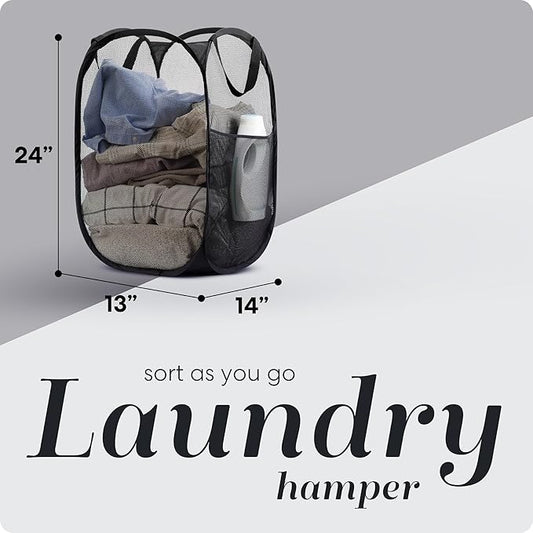 Handy Laundry Collapsible Mesh Pop Up Hamper with Wide Opening and Side Pocket - Breathable, Sturdy, Foldable, and Space-Saving Design for Clothes and Storage (Black | 2-Pack)