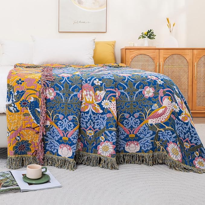 King Throw Blanket for Bed 100% Cotton Boho Oversized Soft Cozy Muslin Quilt Blanket Double Embroider Bird and Florals, Vintage Farmhouse Cottage Woven Blankets for Bedding Couch,90"×98"- Blue&Yellow