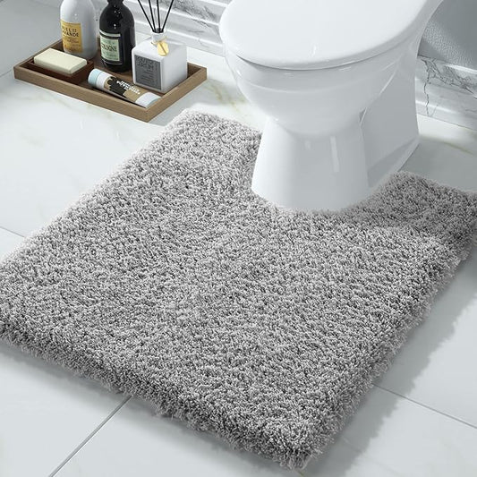 Yimobra U Shaped Toilet Bath Rug, Fluffy Plush, Super Shaggy Soft Non Slip, Water Absorbent Microfiber Bath Mat, Dries Quickly, Machine Washable Thick Bathroom Rugs, 20"x 24", Pure Gray