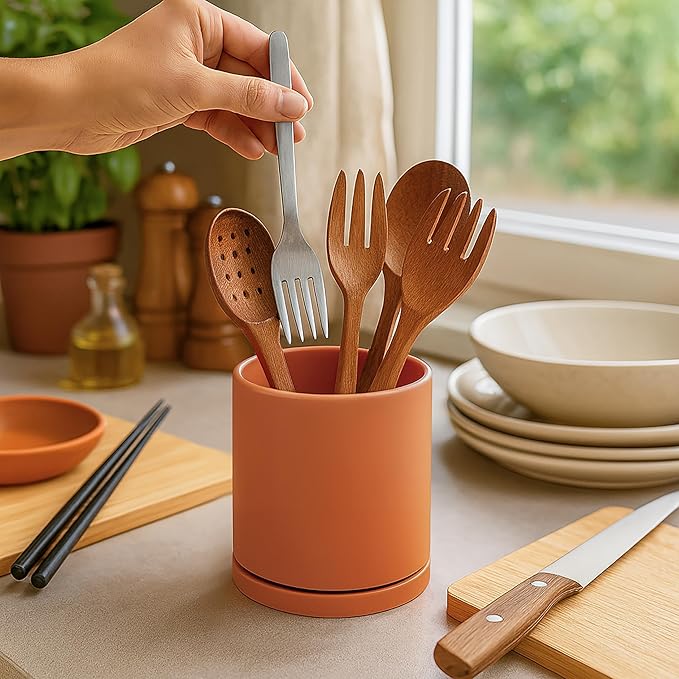 D'vine Dev 360° Rotating Utensil Holder – 5" Kitchen Utensil Crock for Countertop, Modern Cooking Tool Organizer for Kitchen Storage & Décor, Pumpkin, 72-X-E-1