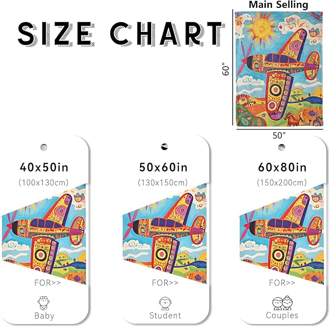 wyxdwh Colorful Airplane Blanket, Cozy Flannel Cartoon Patterned Plane Throw Blanket for Couch Outdoor, Plush Soft Lightweight Travel Blankets for Bed Decor and Gifts, for Women Adults Kids 40"x50"