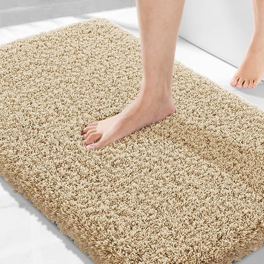 Yimobra Plush Thick and Soft Cut Pile Bathroom Mats, Super Shaggy Comfortable Quick Water Absorbing Non Slip Bath Rugs, Ultra Plush Thick with Machine Washable Bath Mat, 36"x 24", Pure Beige
