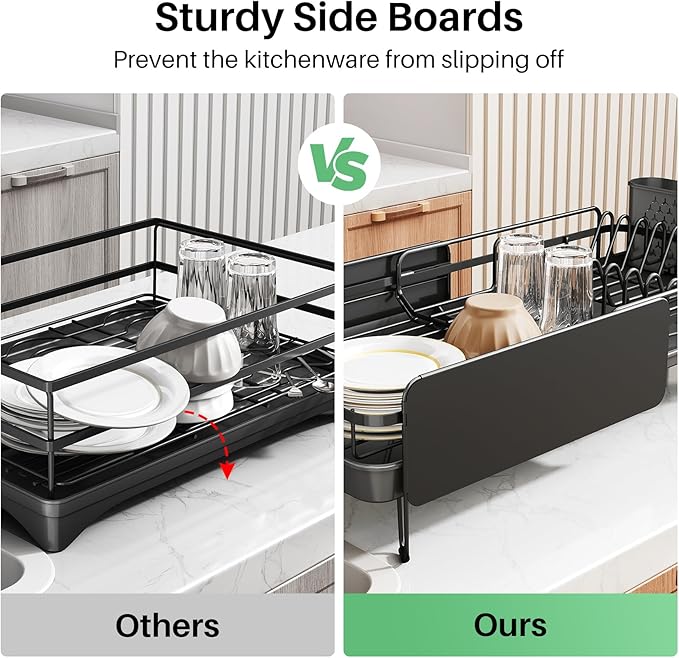SNTD Dish Drying Rack - Large Dish Racks for Kitchen Counter, Expandable Dish Drainers with Cutlery Holder Stainless Steel Rustproof, Black