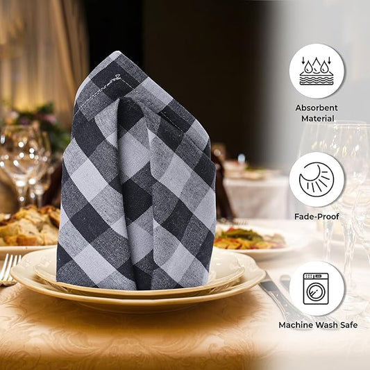 Urban Villa Cotton Dinner Napkins Set of 6, Highly Absorbent 20x20 Inches Premium Cloth Napkins Hotel Quality Reusable & Washable Table Dinner Napkins for Home & Weddings - Grey/Black, Checks