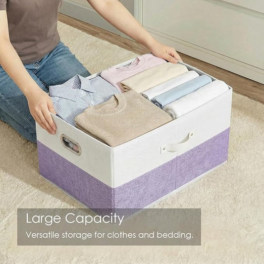 PRANDOM Storage Bins with Lids [3-Pack] Linen Fabric Foldable Storage Boxes Organizer Containers Baskets Cube with Cover for Bedroom Closet Office White&Purple (23.4X15.9X11.4)