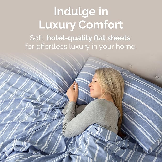 King Size Flat Sheet - Hotel Quality Top Flat Bed Sheet Only - Ultra-Soft, Comfy, Breathable & Cooling - Fade & Wrinkle Free - Easy-Care, Stain and Shrink Resistant Bedding - Oeko-Tex - Blue Stripes