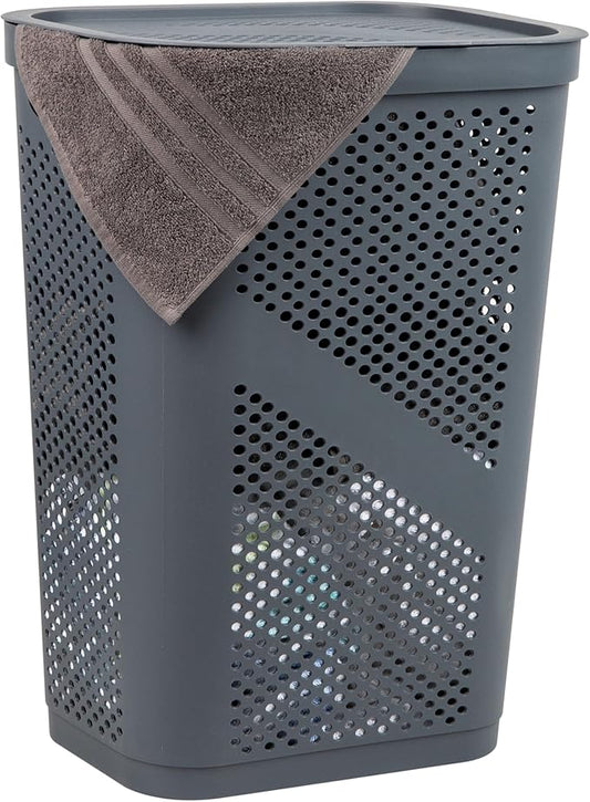 Mind Reader Slim Laundry Hamper with Lid, 60L Clothes Basket, Ventilated Plastic, Gray