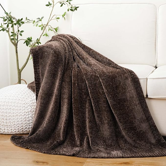 BATTILO HOME Dark Brown Throw Blanket for Couch, Soft Chenille Throw Blankets for Bed, Sofa, Home Decorative Chocolate Brown Throw Blanket, Knitted Cozy Brown Blanket, 51"x67"