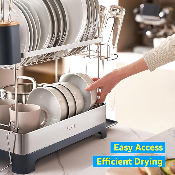 SUNLY Large Dish Drying Rack, Multipurpose 2 Tier Dish Racks for Kitchen Counter, 304 Stainless, Extra Large Drain Board